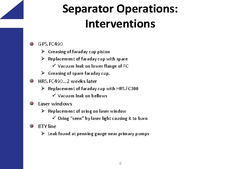 Separator Operations: Interventions GPS. FC 490 Ø Greasing of faraday cup piston Ø Replacement