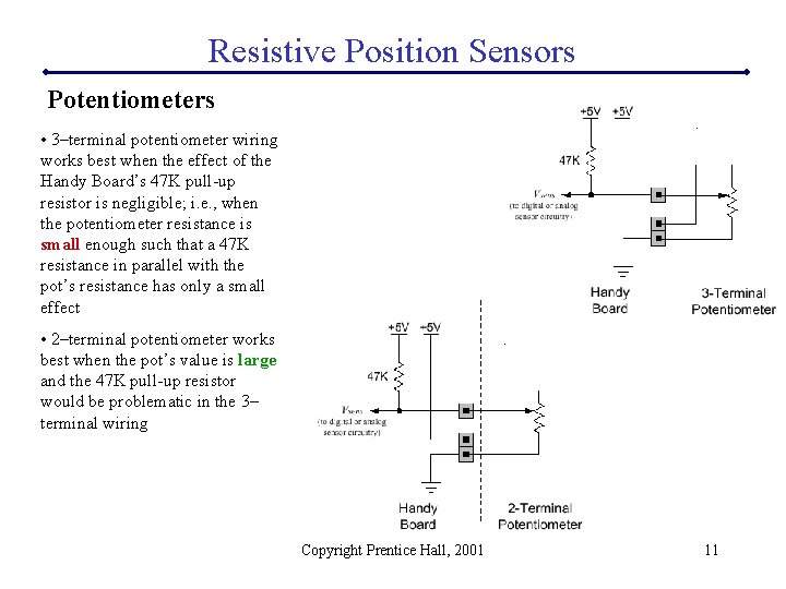 Resistive Position Sensors Potentiometers • 3–terminal potentiometer wiring works best when the effect of