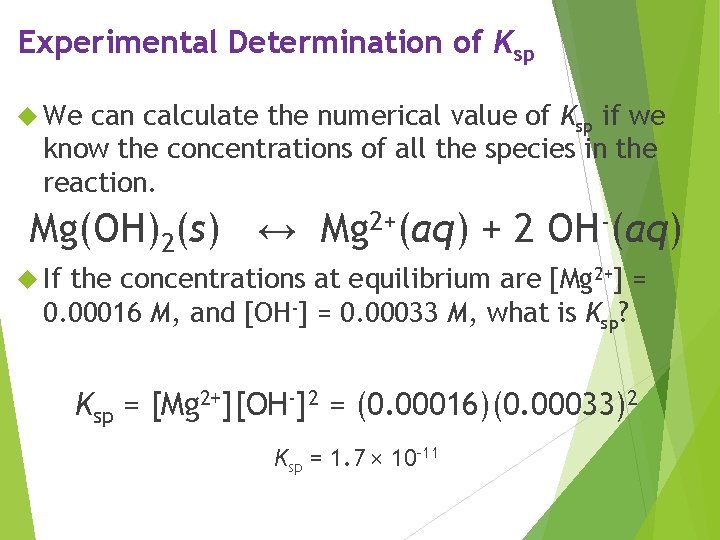 Experimental Determination of Ksp We can calculate the numerical value of Ksp if we