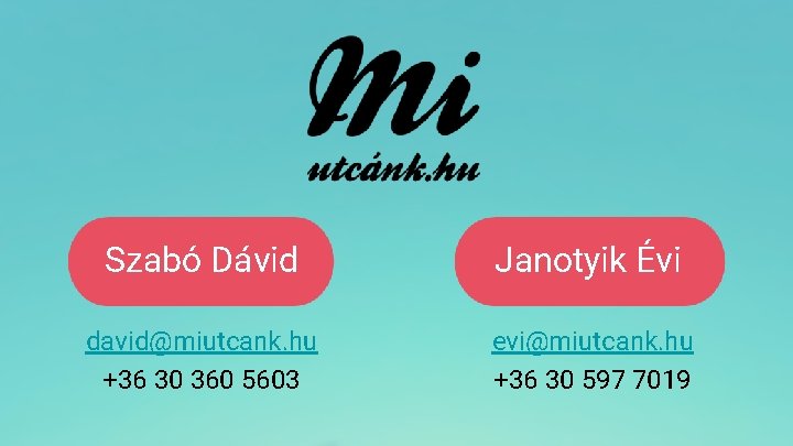 Szabó Dávid Janotyik Évi david@miutcank. hu +36 30 360 5603 evi@miutcank. hu +36 30