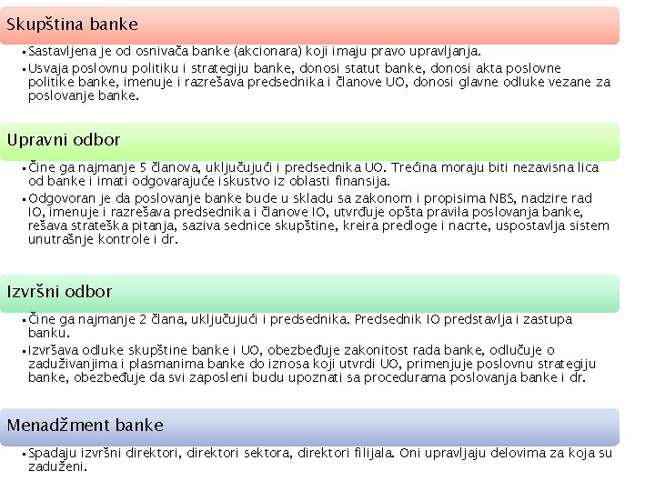 Skupština banke • Sastavljena je od osnivača banke (akcionara) koji imaju pravo upravljanja. •