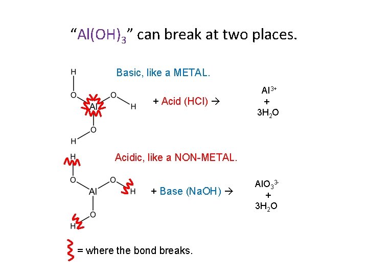 “Al(OH)3” can break at two places. Basic, like a METAL. + Acid (HCl) Al
