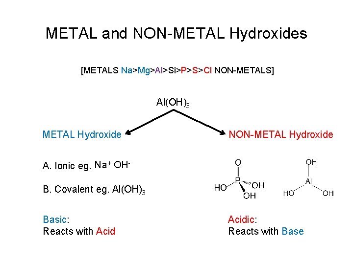 METAL and NON-METAL Hydroxides [METALS Na>Mg>Al>Si>P>S>Cl NON-METALS] Al(OH)3 METAL Hydroxide NON-METAL Hydroxide A. Ionic