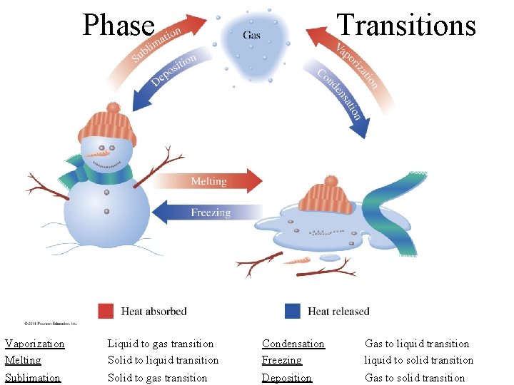 Phase Transitions Vaporization Melting Liquid to gas transition Solid to liquid transition Condensation Freezing