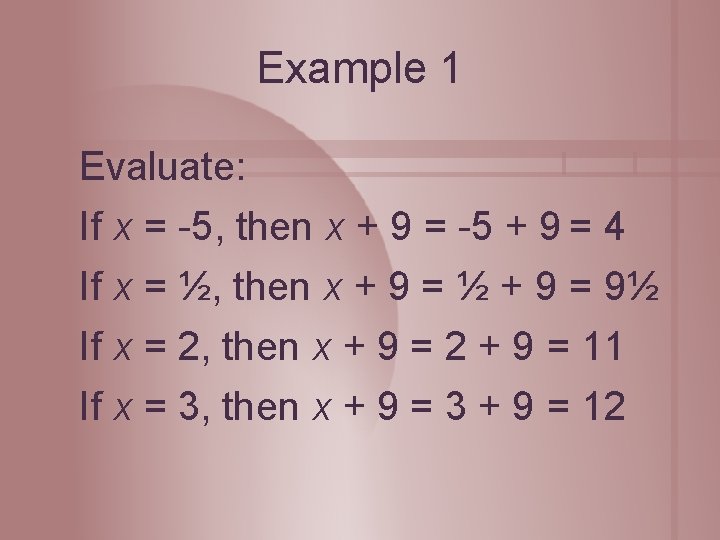 Example 1 Evaluate: If x = -5, then x + 9 = -5 +
