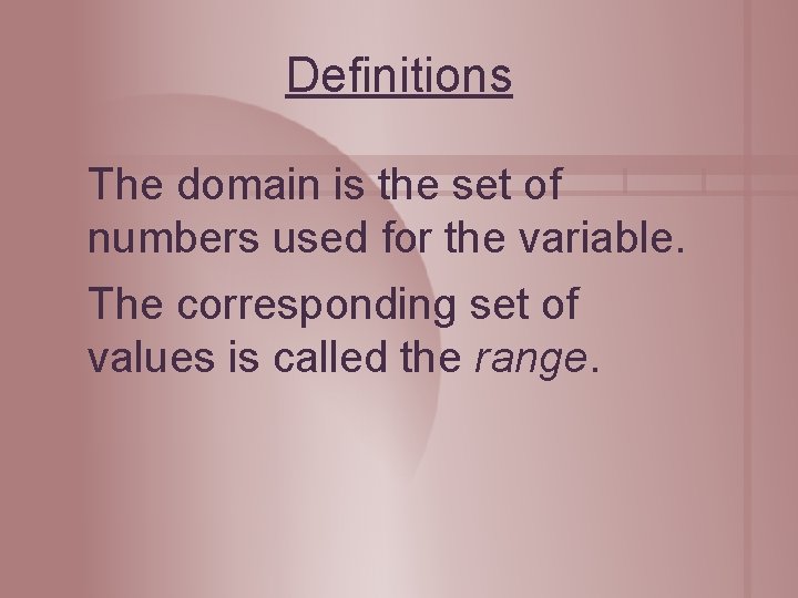 Definitions The domain is the set of numbers used for the variable. The corresponding