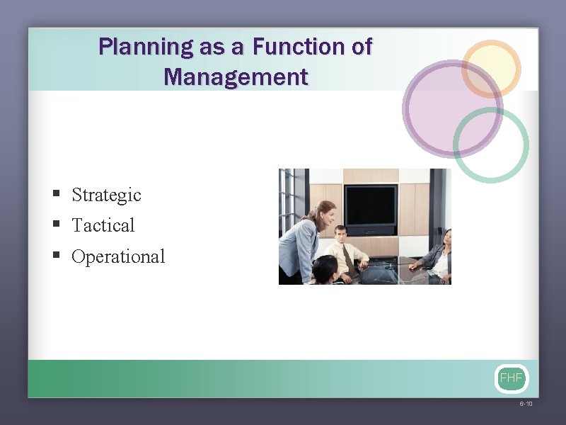 Planning as a Function of Management § Strategic § Tactical § Operational FHF 6