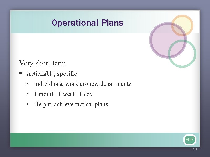 Operational Plans Very short-term § Actionable, specific • Individuals, work groups, departments • 1