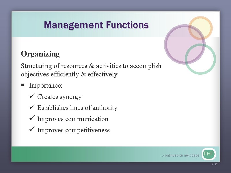 Management Functions Organizing Structuring of resources & activities to accomplish objectives efficiently & effectively