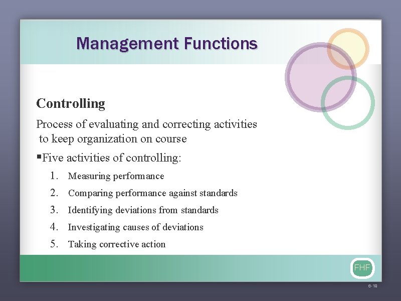 Management Functions Controlling Process of evaluating and correcting activities to keep organization on course