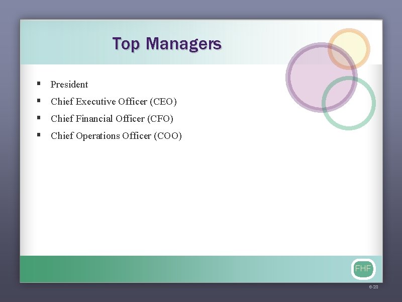 Top Managers § President § Chief Executive Officer (CEO) § Chief Financial Officer (CFO)