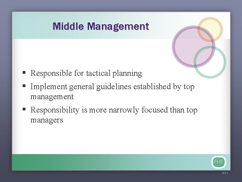 Middle Management § Responsible for tactical planning § Implement general guidelines established by top