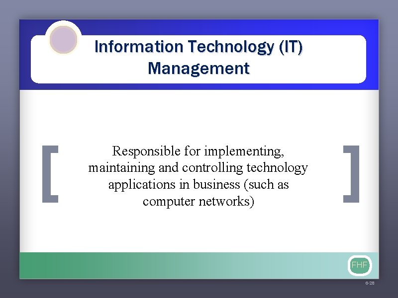 Information Technology (IT) Management [ Responsible for implementing, maintaining and controlling technology applications in