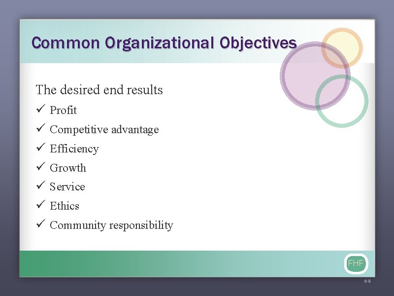 Common Organizational Objectives The desired end results ü ü ü ü Profit Competitive advantage