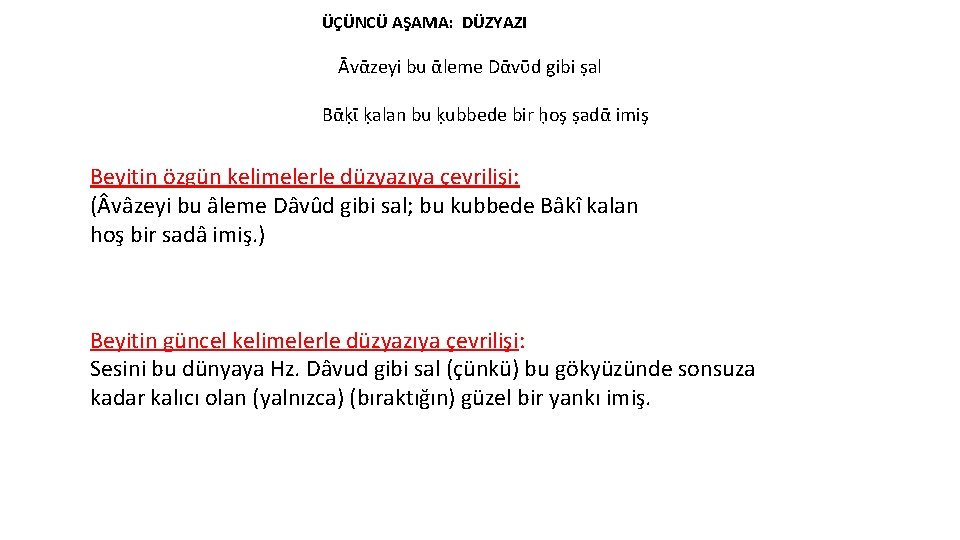 ÜÇÜNCÜ AŞAMA: DÜZYAZI Ᾱvᾱzeyi bu ᾱleme Dᾱvῡd gibi ṣal Bᾱḳῑ ḳalan bu ḳubbede bir