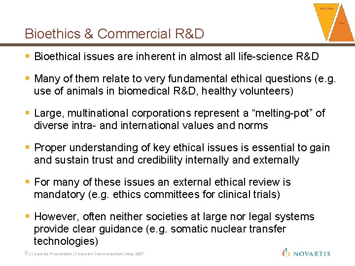 Bioethics & Commercial R&D § Bioethical issues are inherent in almost all life-science R&D
