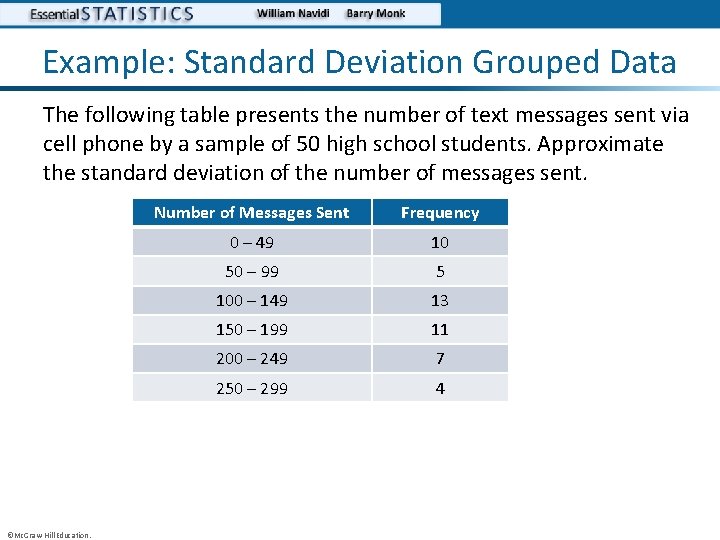 Example: Standard Deviation Grouped Data The following table presents the number of text messages