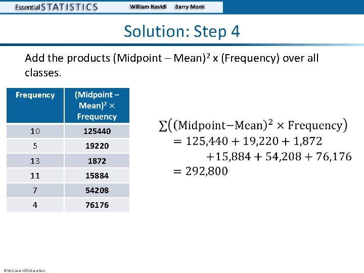 Solution: Step 4 Add the products (Midpoint – Mean)2 x (Frequency) over all classes.