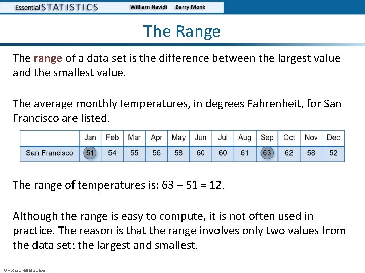 The Range The range of a data set is the difference between the largest