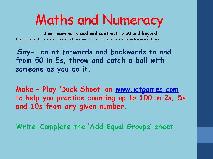 Maths and Numeracy I am learning to add and subtract to 20 and beyond