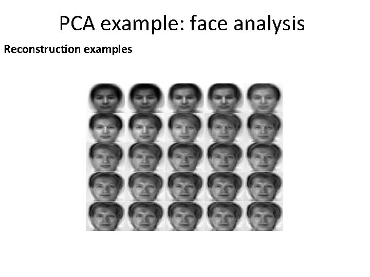 PCA example: face analysis Reconstruction examples PCA example: face analysis Reconstruction examples