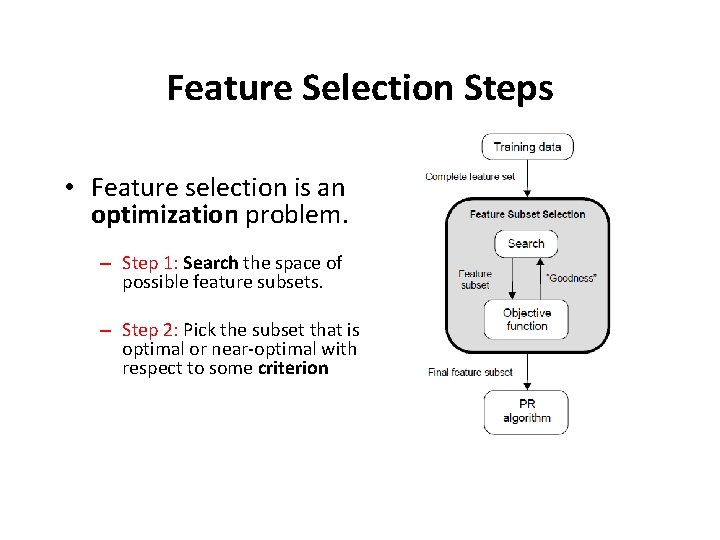 Feature Selection Steps • Feature selection is an optimization problem. – Step 1: Search Feature Selection Steps • Feature selection is an optimization problem. – Step 1: Search
