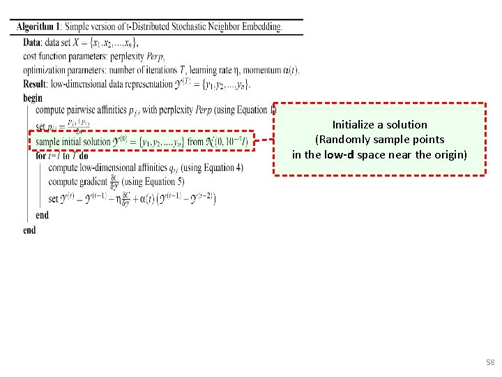 Initialize a solution (Randomly sample points in the low-d space near the origin) 58 Initialize a solution (Randomly sample points in the low-d space near the origin) 58