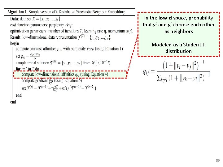 In the low-d space, probability that yi and yj choose each other as neighbors In the low-d space, probability that yi and yj choose each other as neighbors