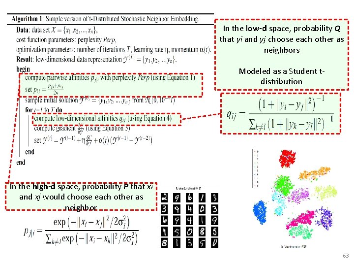 In the low-d space, probability Q that yi and yj choose each other as In the low-d space, probability Q that yi and yj choose each other as