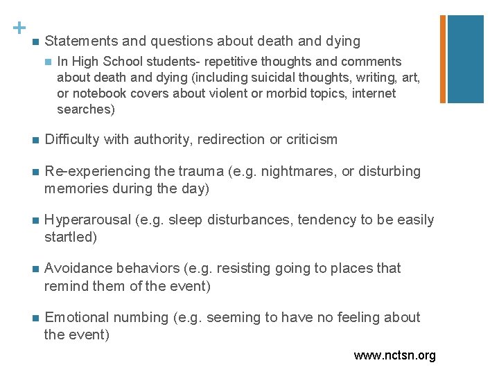 + n Statements and questions about death and dying n In High School students-