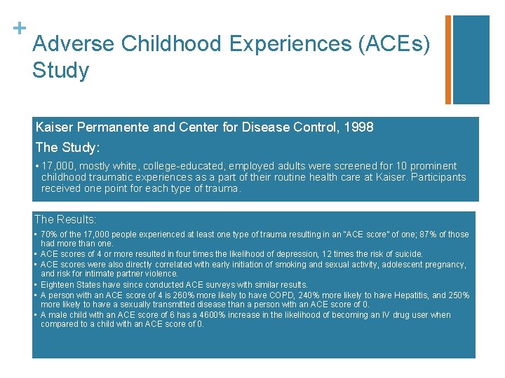 + Adverse Childhood Experiences (ACEs) Study Kaiser Permanente and Center for Disease Control, 1998