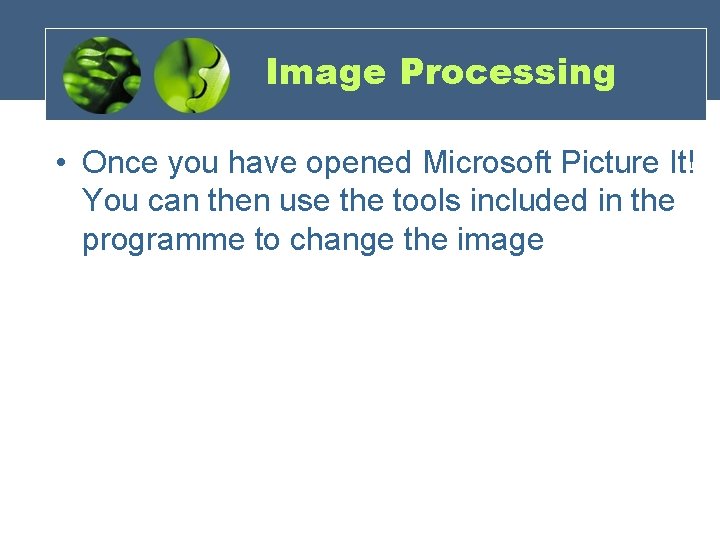Image Processing • Once you have opened Microsoft Picture It! You can then use