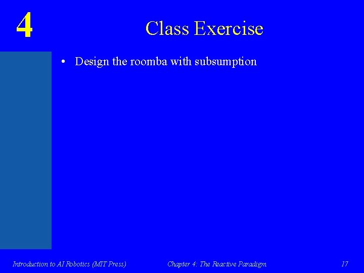 4 Class Exercise • Design the roomba with subsumption Introduction to AI Robotics (MIT