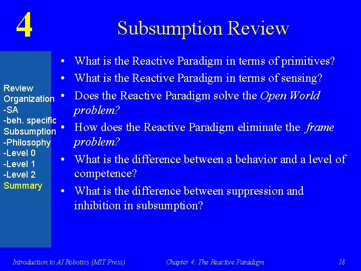 4 Review Organization -SA -beh. specific Subsumption -Philosophy -Level 0 -Level 1 -Level 2