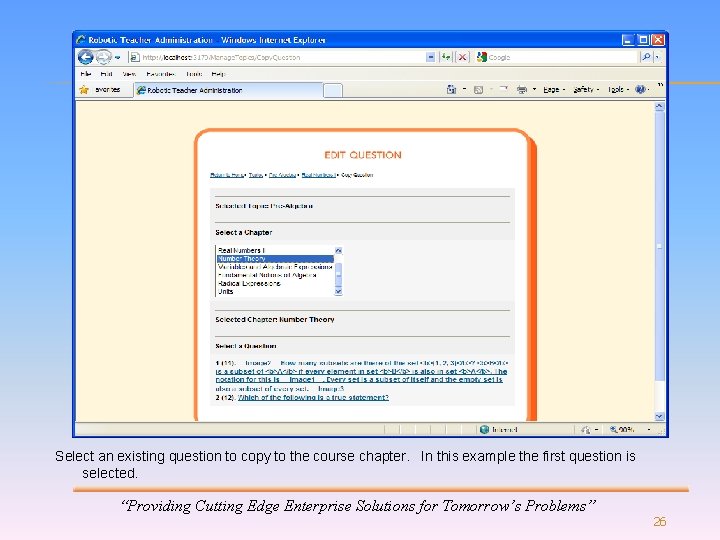 Select an existing question to copy to the course chapter. In this example the