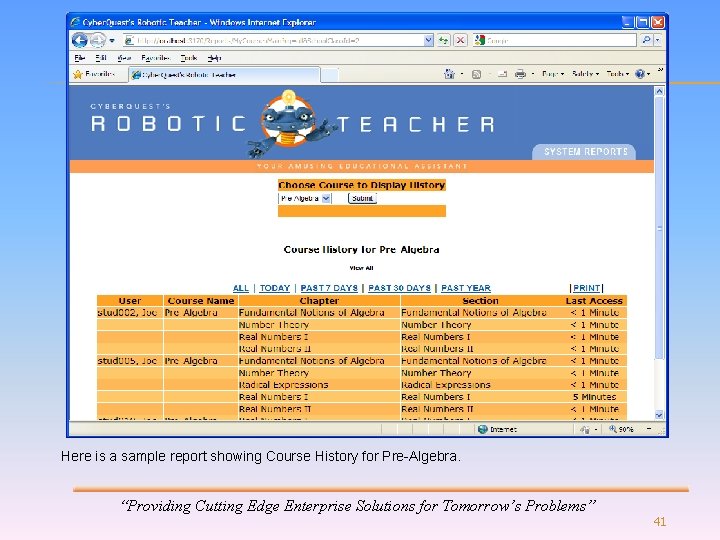 Here is a sample report showing Course History for Pre-Algebra. “Providing Cutting Edge Enterprise