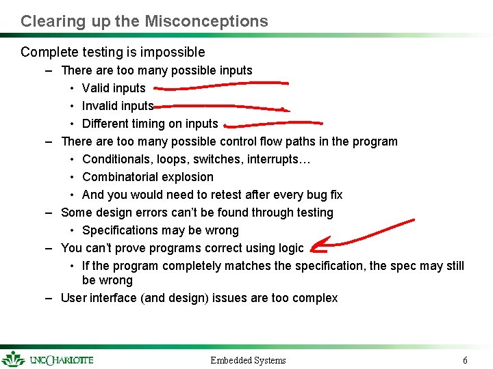 Clearing up the Misconceptions Complete testing is impossible – There are too many possible