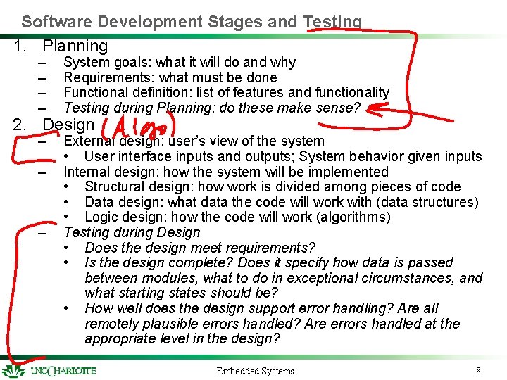 Software Development Stages and Testing 1. Planning – – System goals: what it will