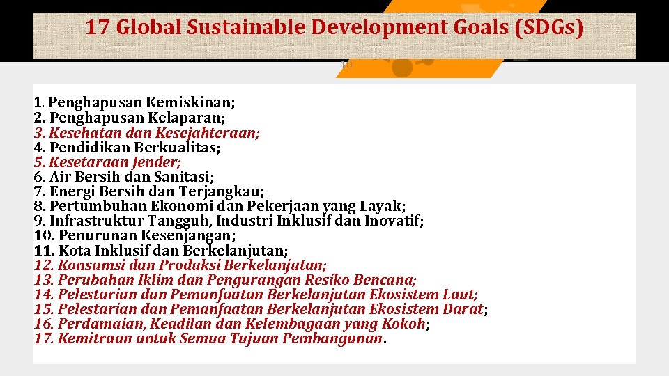 17 Global Sustainable Development Goals (SDGs) 10 1. Penghapusan Kemiskinan; 2. Penghapusan Kelaparan; 3.