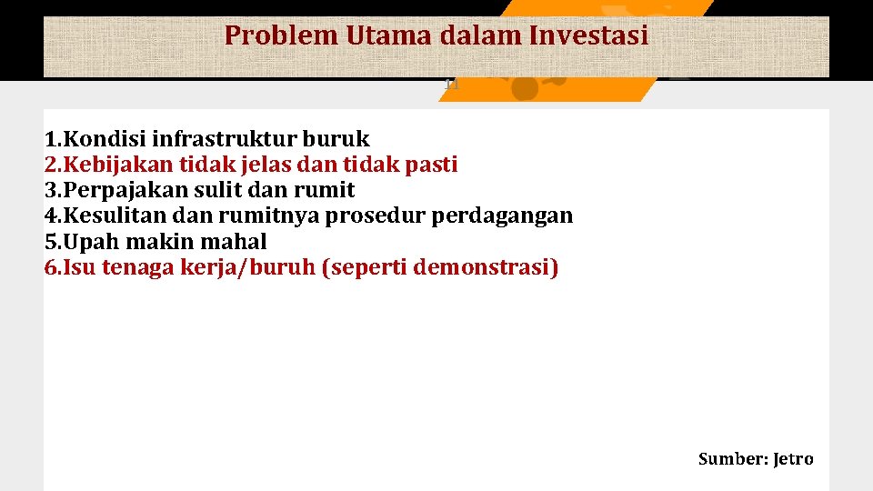 Problem Utama dalam Investasi 11 1. Kondisi infrastruktur buruk 2. Kebijakan tidak jelas dan