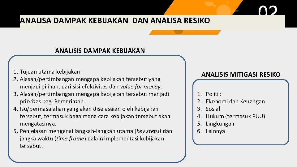 ANALISA DAMPAK KEBIJAKAN DAN ANALISA RESIKO ANALISIS DAMPAK KEBIJAKAN 1. Tujuan utama kebijakan 2.