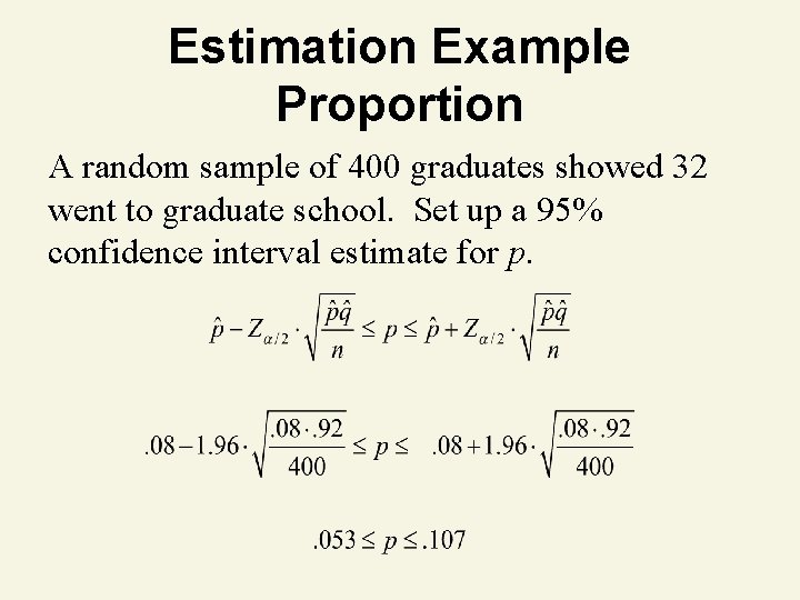 Estimation Example Proportion A random sample of 400 graduates showed 32 went to graduate