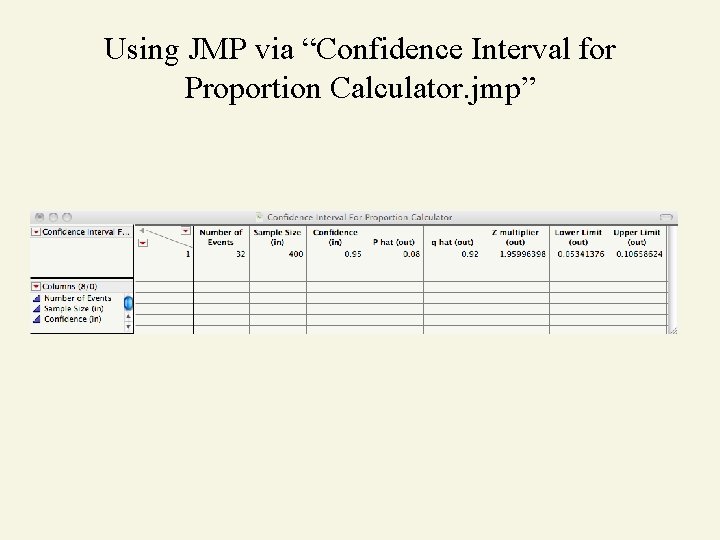 Using JMP via “Confidence Interval for Proportion Calculator. jmp” 