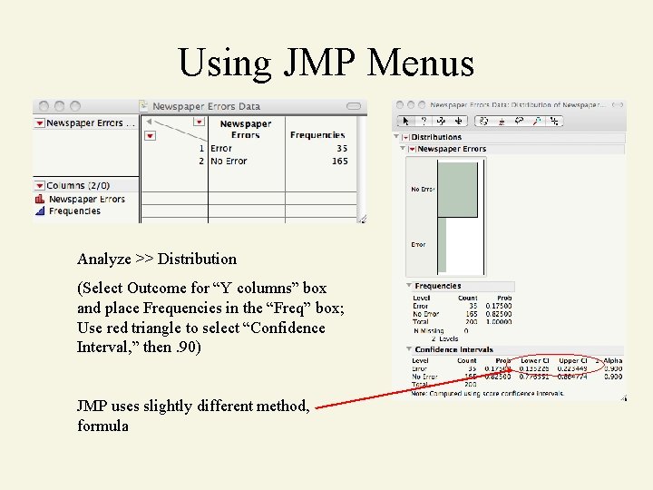 Using JMP Menus Analyze >> Distribution (Select Outcome for “Y columns” box and place