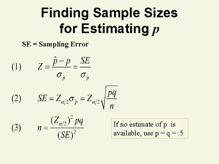 Finding Sample Sizes for Estimating p SE = Sampling Error If no estimate of