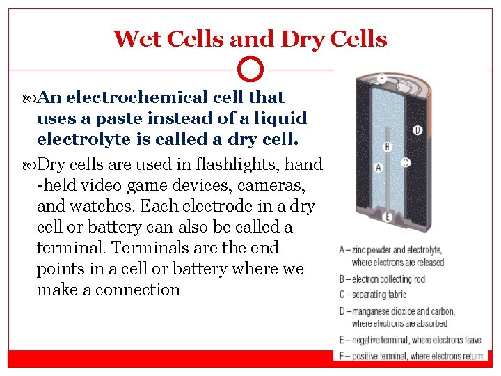 Wet Cells and Dry Cells An electrochemical cell that uses a paste instead of