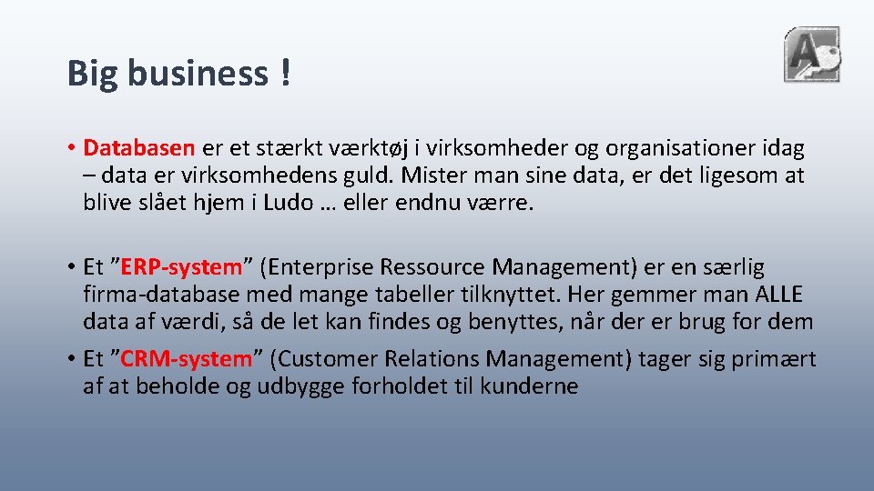 Big business ! • Databasen er et stærkt værktøj i virksomheder og organisationer idag