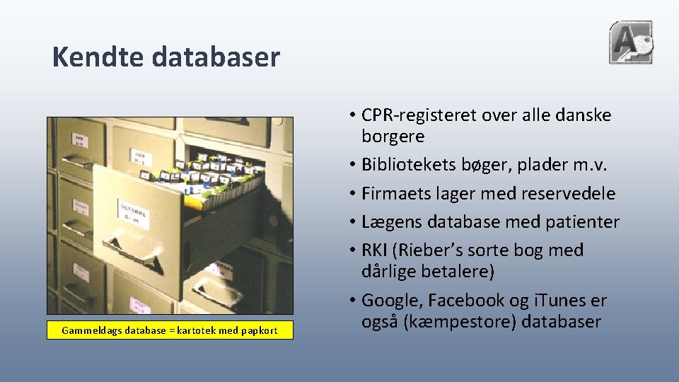 Kendte databaser Gammeldags database = kartotek med papkort • CPR-registeret over alle danske borgere