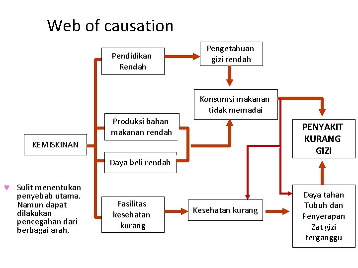 Web of causation Pendidikan Rendah Pengetahuan gizi rendah Konsumsi makanan tidak memadai Produksi bahan