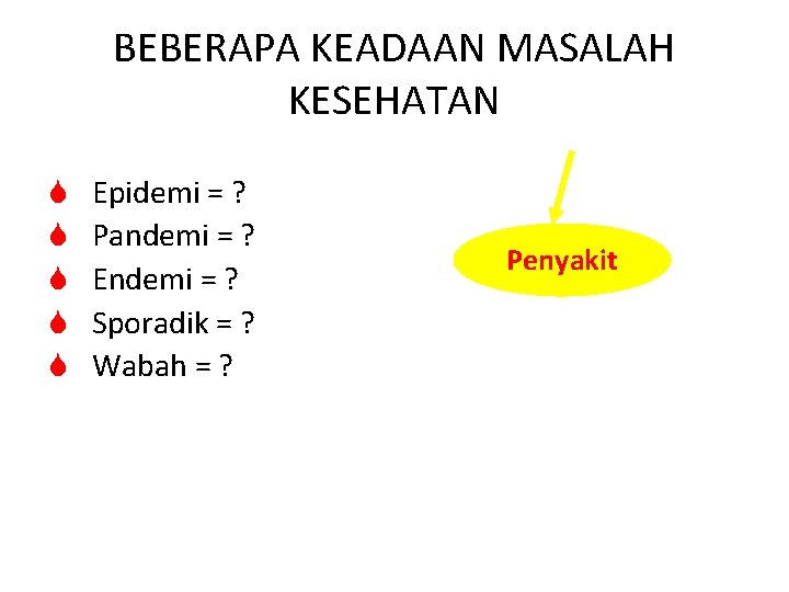 BEBERAPA KEADAAN MASALAH KESEHATAN S S S Epidemi = ? Pandemi = ? Endemi